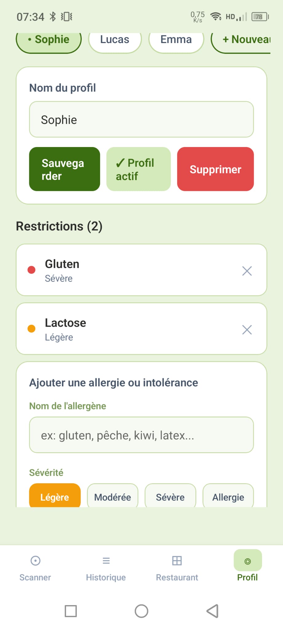 Écran de gestion des profils allergiques