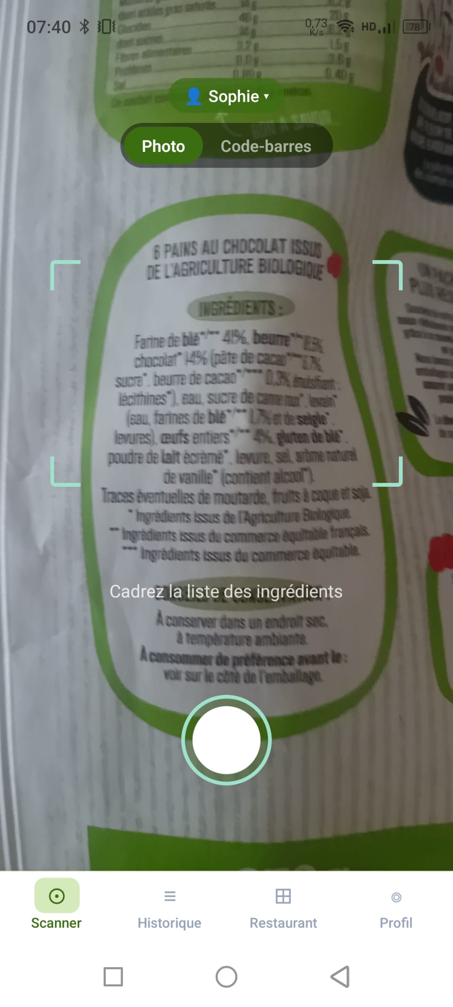 Écran de scan d'une liste d'ingrédients