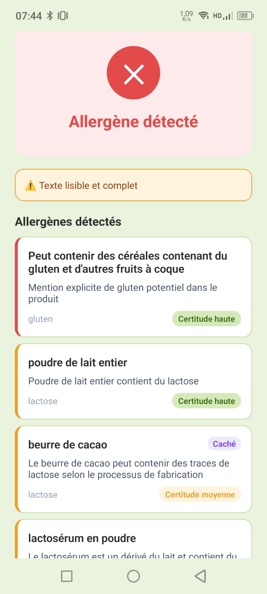 Écran de verdict allergène détecté